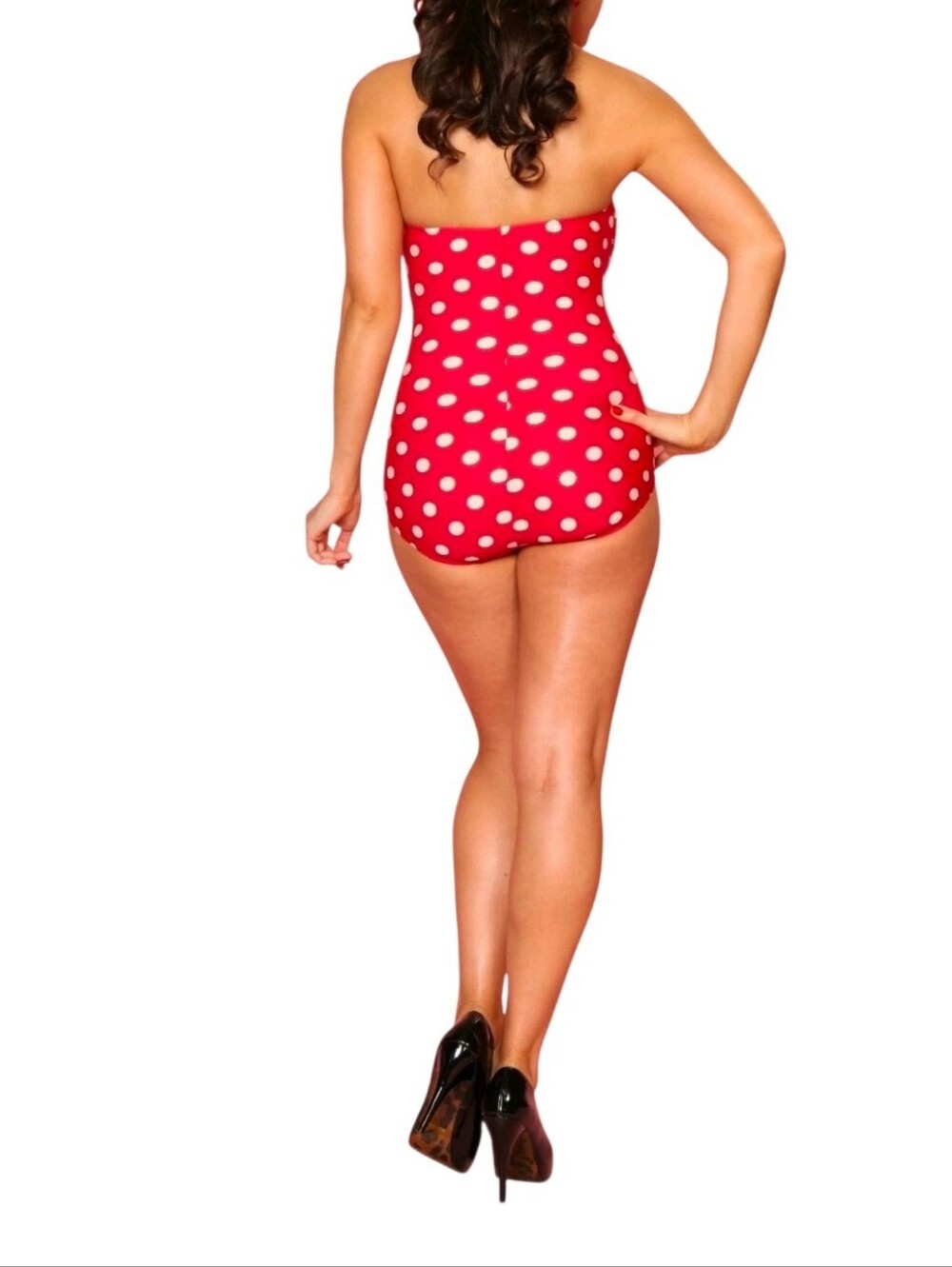Esther Williams red white polkadot halter one-piece swimsuit ruched fabric Sz 12 - Picture 2 of 16